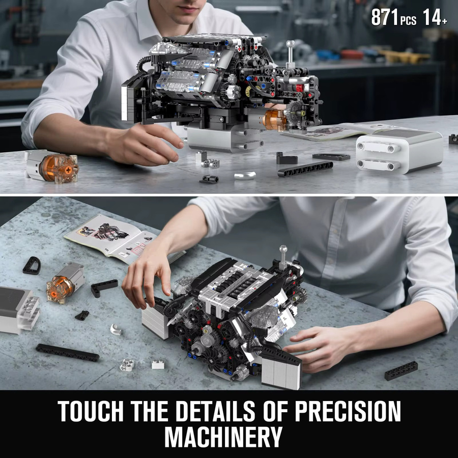 Mold King 10230 W12 Motor Bausteine Set mit 871 Teilen, MOC Mini Getriebe Modell in Grau und Multicolour für Kinder und Erwachsene - Bild 6