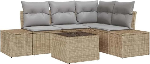 vidaXL Gartensofa-Set L-Form aus Poly-Rattan und Akazienholz in Beige und Grau mit Polstern und Tisch - Bild 1