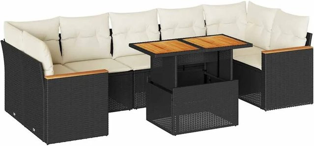 vidaXL 8-tlg. Garten-Sofagarnitur in L-Form aus Polyrattan und Akazienholz mit Kissen in Schwarz-Creme - Bild 1