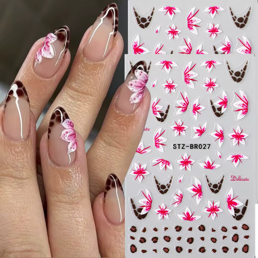 Full Beauty Nagelkunst-Aufkleber, Blumen- und Leopardenmuster, Rosa-Weiß, Glänzend - Bild 2