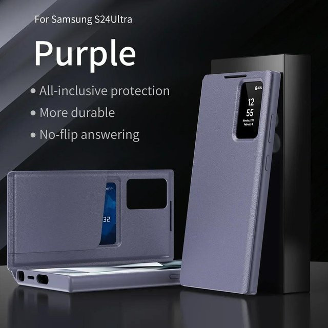 Leder S-View Windows Wallet Flip Case für Samsung Galaxy S25 S24 S23 S22 Ultra Plus S23 FE A56 A55 mit Kartenfach und stoßfester Abdeckung in Lavendel - Bild 1