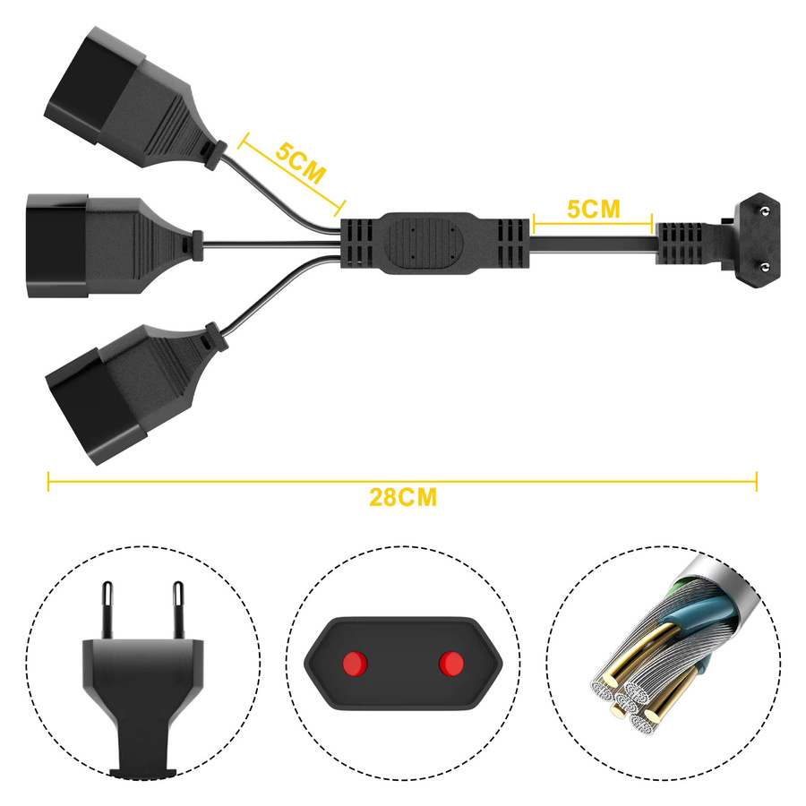 Europea 3-Wege-Steckdose mit 90-Grad-Stecker auf Buchse und 2-poligem EU-Flachstecker als Stromverlängerungskabel für PC und Computer in Schwarz oder Weiß - Bild 5