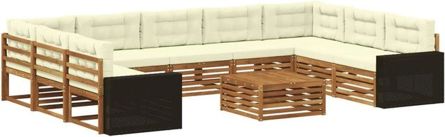 vidaXL Outdoor-Sofagarnitur aus Massivholz Akazie in L-Form mit 10 Teilen, Farbe Natur und Creme - Bild 1