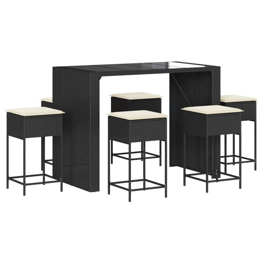 vidaXL 7-tlg Gartenbar-Set aus schwarzem PE-Rattan mit Kissen und Glastisch für Garten und Terrasse - Bild 2