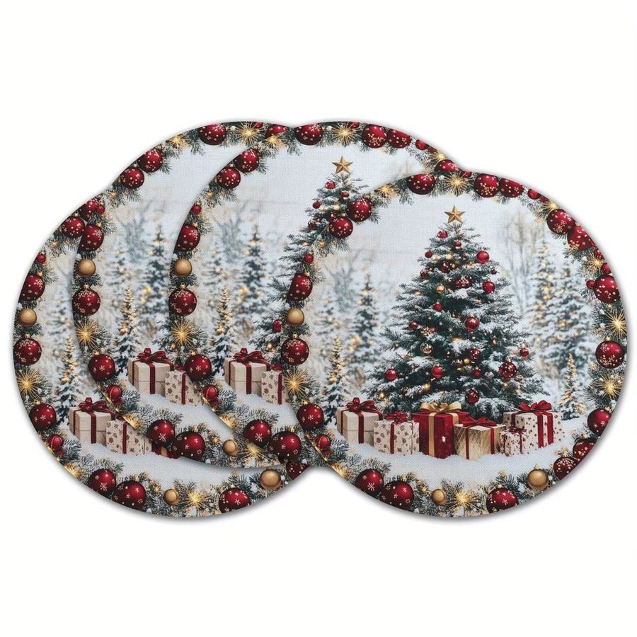 VIKAMA 4er Set Weihnachts-Tischsets mit Schneeszene in Rot und Goldfarben - Bild 4