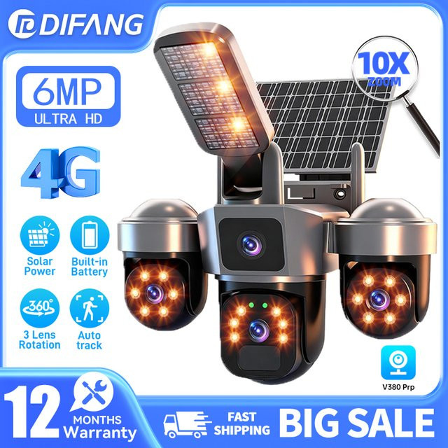 DiFang 6 MP Solar-Überwachungskamera für den Außenbereich, kabellose PTZ-Kamera mit automatischer Verfolgung, PIR-Menschenerkennung, Sirenenalarm und Farbnachtsicht - Bild 1