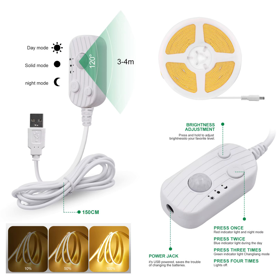 XUNATA COB LED Streifen mit PIR Bewegungssensor, weiß, USB oder Batterie betrieben, flexible Unterbauleuchte für Küche und Möbel - Bild 4