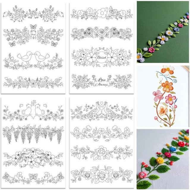 4 Blatt wasserlösliches Stickpapier mit Blumenmuster, klebriges und waschbares Stabilisator-Stickmuster in Weiß - Bild 1