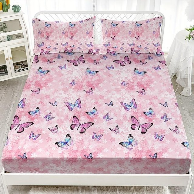 Lodestar Spannbettlaken Set Schmetterling Design Pink, atmungsaktiv und weich, B/T: 140 x 200 cm, Höhe: 25 cm - Bild 1