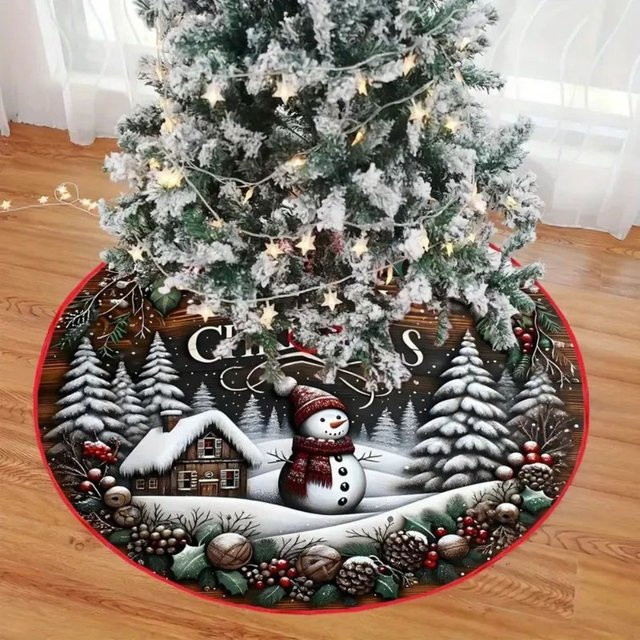 VIKAMA Weihnachtsbaumrock mit Schneemann- und Hüttenszene, runde Polyester-Unterlage in Multicolour für deine Weihnachtsdekoration innen und außen - Bild 1