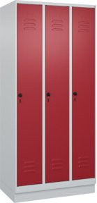 C+P Spind Classic PLUS Garderobenschrank mit 3 Abteilen, Sockel, Stahlkonstruktion, Farbe Grau/Rot, H x B x T: 195 x 90 x 50 cm - Bild 1