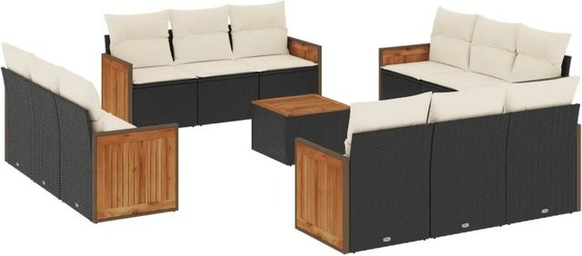 vidaXL 13-teilige Garten-Sofagarnitur aus Poly-Rattan und Akazienholz in Schwarz-Creme mit Kissen - Bild 1