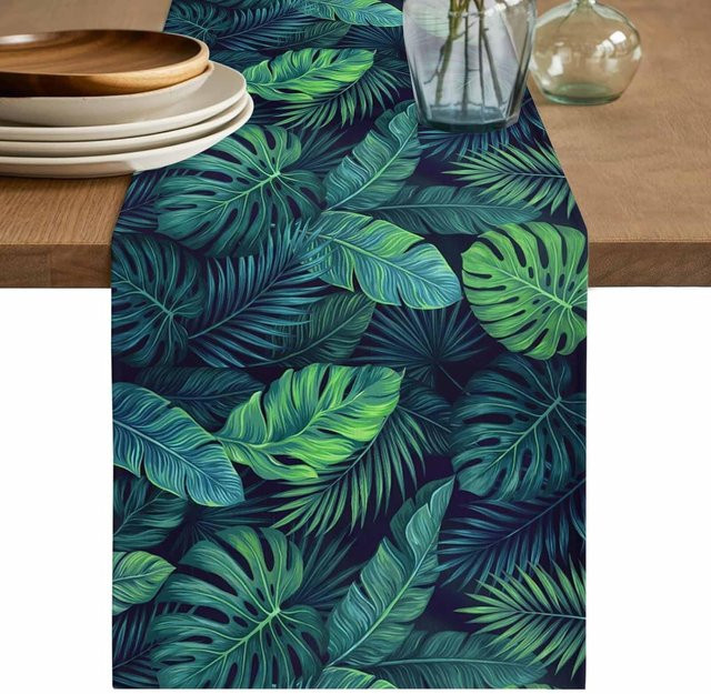 JINGYUE Pet Tischläufer aus Leinen mit tropischem Palmenblatt-Design in Schwarz und Grün, B/H: 150 x 33 cm - Bild 1