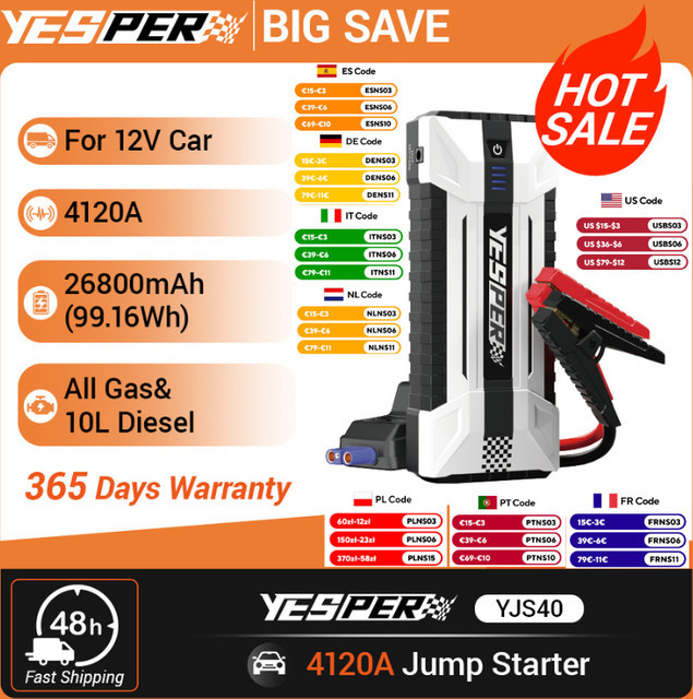 YESPER 4120A Tragbares Auto-Starthilfegerät 26800mAh mit Tragetasche und Überbrückungskabel für Benzin bis 10L und Diesel, 12V - Bild 1