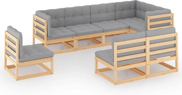 vidaXL 8-tlg Garten-Lounge-Set aus massivem Kiefernholz in L-Form mit grauen Polsterkissen - Bild 1