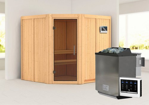 Karibu Sauna Vöru aus Fichtenholz in Beige inklusive 9 kW Bio-Kombi-Saunaofen mit externer Steuerung für 4 Personen, B/T/H: 196 x 198 x 196 cm - Bild 1