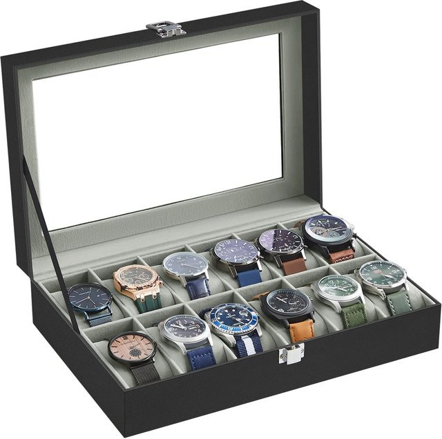 Songmics Uhrenbox Bridie mit 12 Fächern und Glasdeckel in Schwarz - Bild 1
