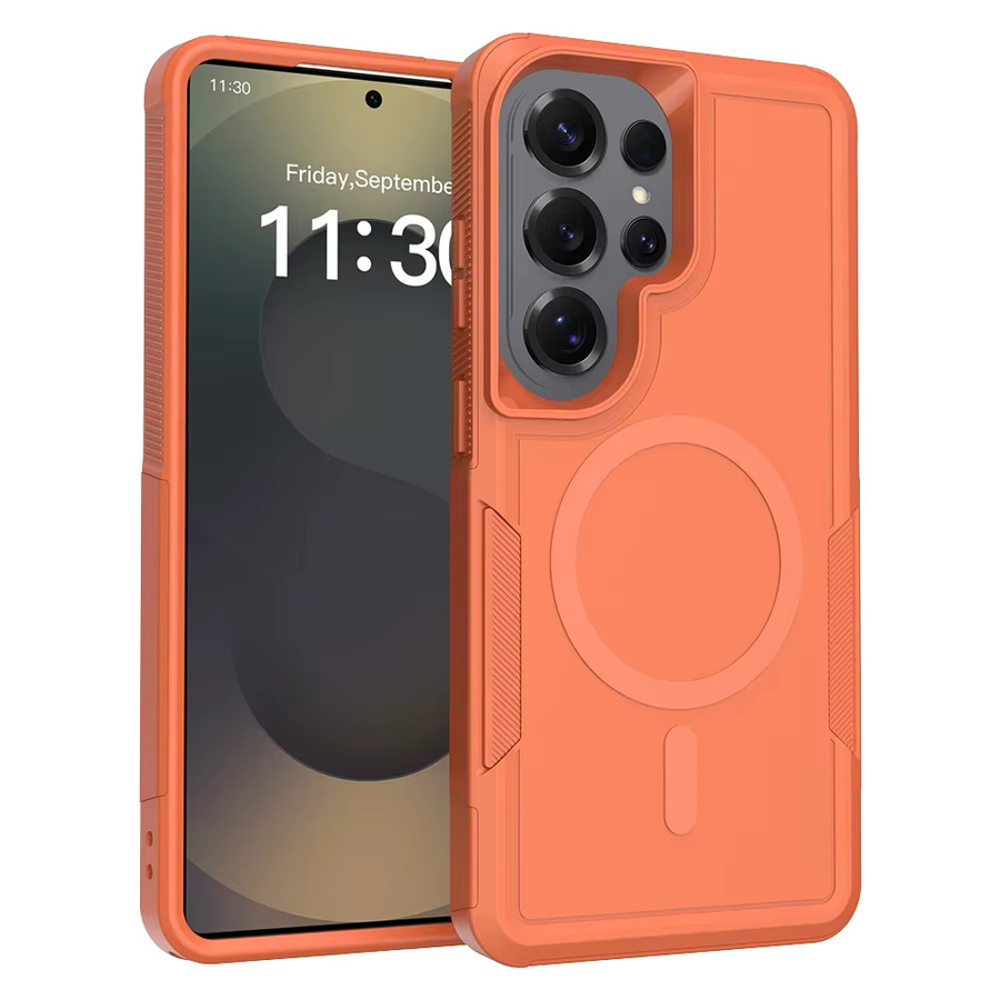 Stoßfeste Armor Schutzhülle mit Dual Layer PC und TPU sowie Magnetfunktion für Samsung S26 Ultra, S25 Edge und S24 Plus FE in Schwarz und Orange - Bild 5