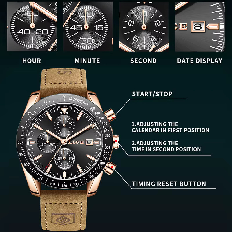LIGE Chronograph, Quarz, Leder, Gold, Herren - Bild 3