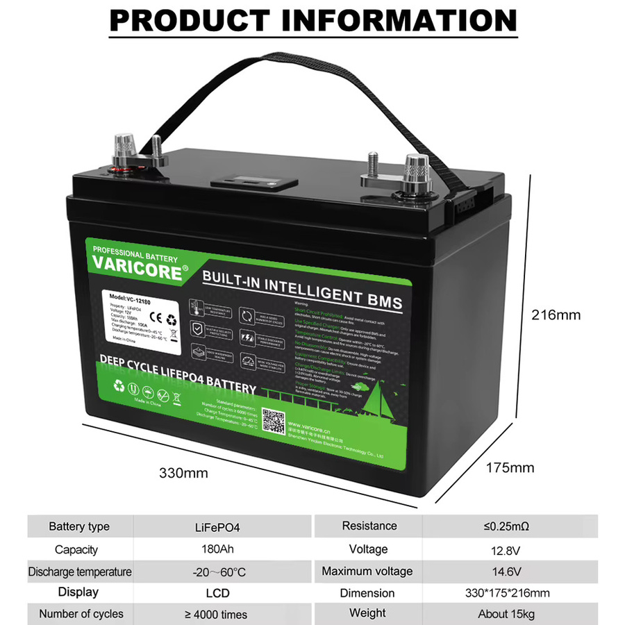 VariCore LiFePO4 Batteriepack 12V 180Ah mit 4S BMS in Schwarz für Wohnmobile, Golfcarts und Solarstromspeicher - Bild 2