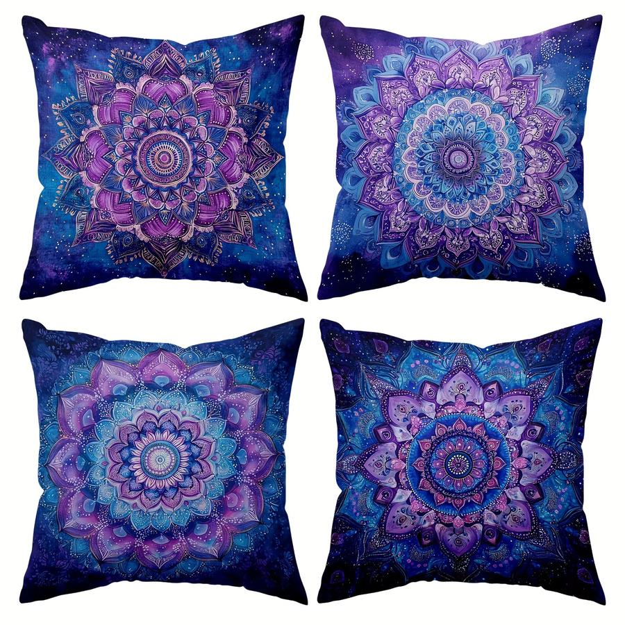 VIKAMA 4-teiliges Mandala-Kissen-Set im Boho-Stil, blau und lila, quadratisch, 45 x 45 cm - Bild 5