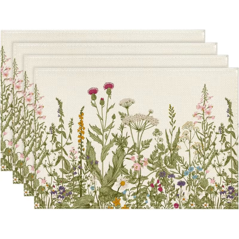 VIKAMA Sommer-Tischsets aus Leinen mit Vintage Kräuter- und Wildblumenmuster, rutschfest und hitzebeständig, mehrfarbig, rechteckig - Bild 2