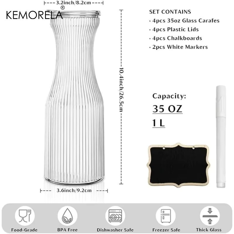 KEMORELA Glaskaraffe mit Deckel und Kreidetafel-Etiketten, geripptes Design, transparent, 1 l - Bild 4