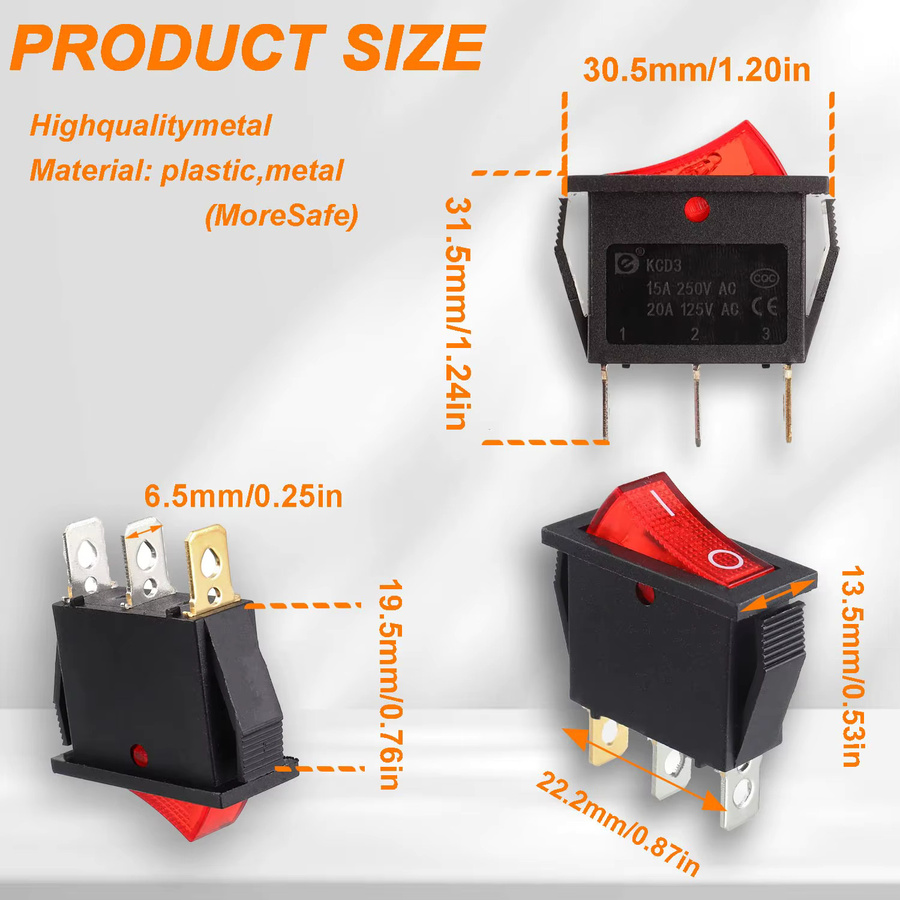AOKIN Wippschalter KCD3 Set, 5 Stück, beleuchtet mit rotem Licht, 3-polig, 3 Positionen, EIN/Aus, SPST, AC 250 V/15 A, 125 V/20 A, Schwarz/Rot - Bild 2