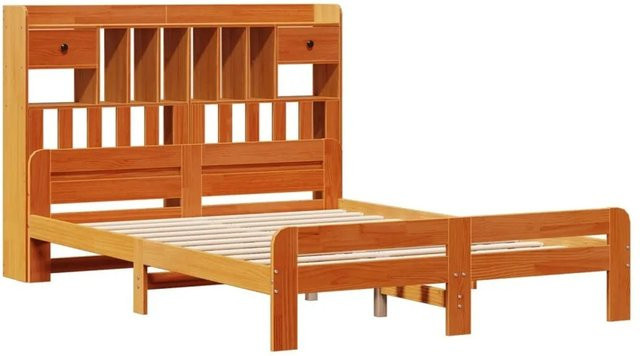 vidaXL Massivholzbett aus Kiefernholz mit Kopfteil und Regal in Braun, B/T/H: 150 x 200 cm - Bild 1