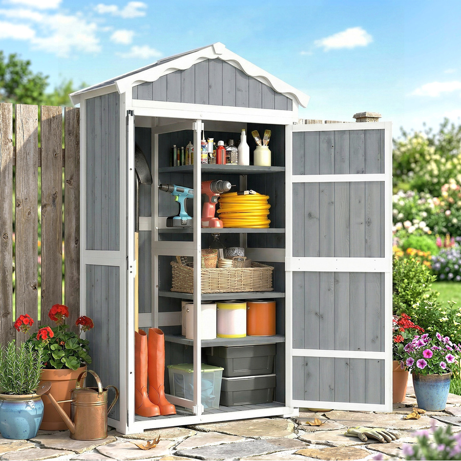 Outsunny Holz-Gartenschrank Grau mit verzinktem Metalldach und 4 Regalböden B/T/H: 105 x 55 x 179 cm - Bild 2