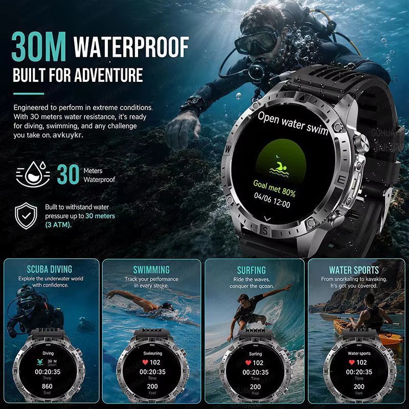 GUHUAVMI Militär-Smartwatch für Herren in Schwarz mit integriertem GPS, Offline-Karten, AMOLED HD-Display, Bluetooth-Anruffunktion, Kompass und Taschenlampe, 3ATM wasserdicht - Bild 2