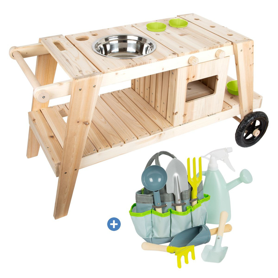 small foot Garten-Spielset Matschküche mit Rädern & Gartentaschen-Set, Natur - Bild 1