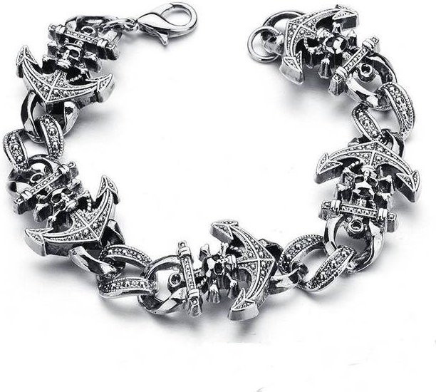Danlery Armband, Totenkopf, Boot, Anker, Edelstahl, Silber, Herren, 20cm - Bild 1