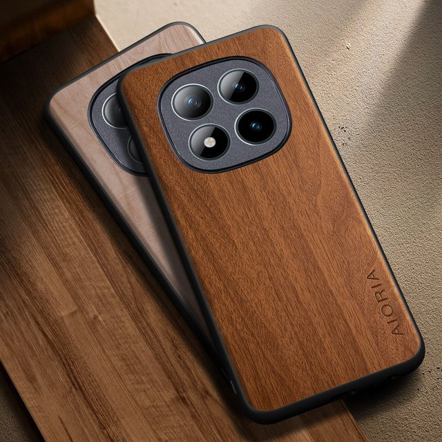 Premium PU-Leder Handyhülle mit Holzmuster für Xiaomi Redmi Note 15 und Redmi Note 14 Pro Plus in Braun - Bild 1
