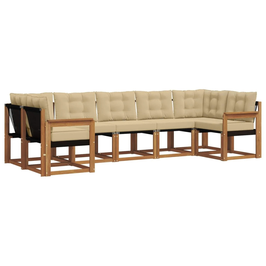 vidaXL Outdoor-Sofagarnitur 7-teilig L-Form aus Akazienholz und Textilene in Natur und Beige mit Kissen - Bild 2