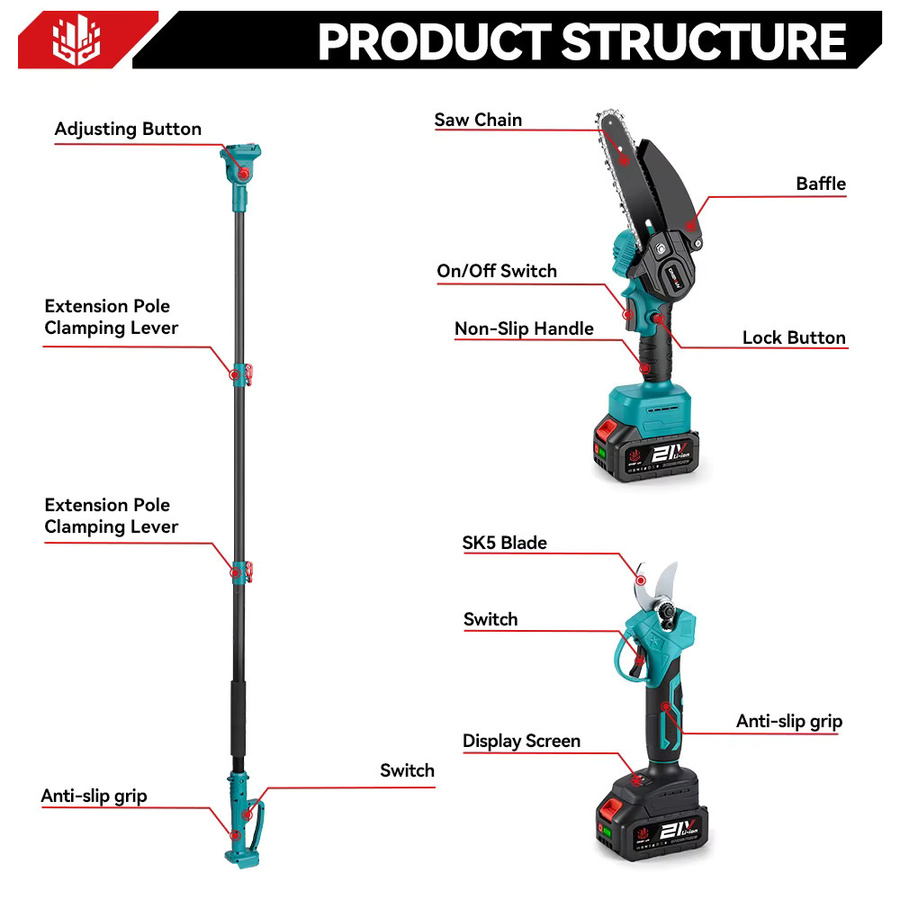 ONEVAN 4-in-1 Bürstenlose Teleskop-Elektrokettensäge 3500W Hochastschere Gartenwerkzeug kompatibel mit Makita 18V Akku - Bild 3