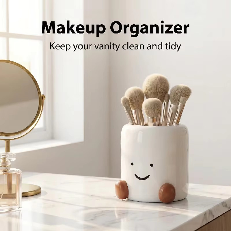 Multifunktionale Smiley-Gesicht Aufbewahrungsbox aus Keramik in Weiß für Besteck, Stäbchen oder Make-up-Pinsel - Bild 2