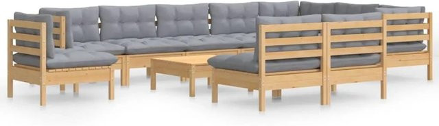 vidaXL Garten-Lounge-Set aus massivem Kiefernholz in U-Form mit grauen Polstern, 11-teilig - Bild 1