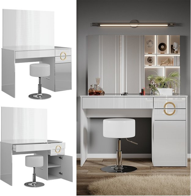 Vicco Schminktisch Adela Weiß Hochglanz mit Spiegel und Hocker, B: 115 cm, T: 76,4 cm - Bild 1