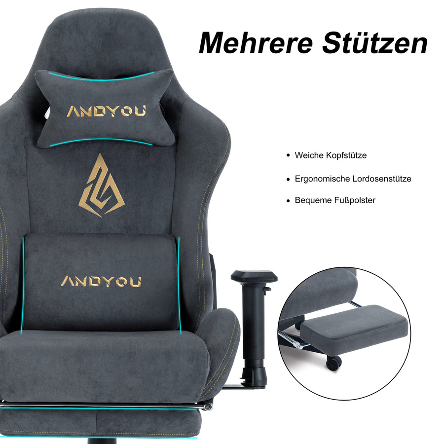 Andyou Gaming Stuhl in Blau mit Kopfstütze, Fußstütze und ergonomischer Lordosestütze für Home-Office und Gaming - Bild 3