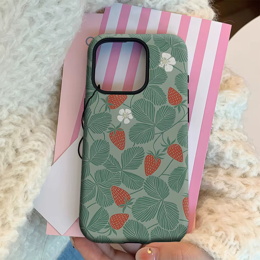 Salbeigrüne Erdbeer Handyhülle für Apple iPhone 12 bis iPhone 17 Pro Max Plus mit doppelschichtiger Rückabdeckung - Bild 3