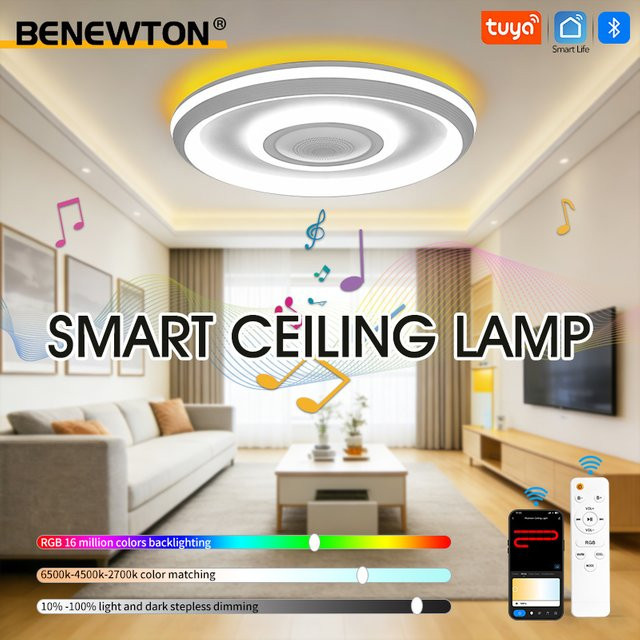 BENEWTON TUYA RGB-LED-Deckenleuchte in Weiß mit integriertem Lautsprecher, dimmbar und per App oder Fernbedienung steuerbar, moderne runde Deckenlampe für dein Wohnzimmer - Bild 1
