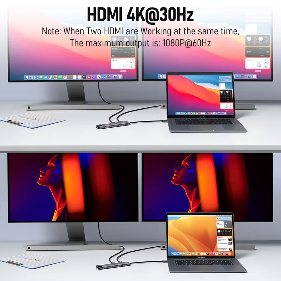 Lemorele 11-in-1 USB-C Hub in Grau mit 4K HDMI, 100W PD, RJ45 Ethernet, SD/TF-Steckplatz und 480 Mbps Datenübertragung für Mac und Windows - Bild 3