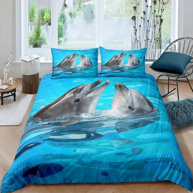 Bettwäsche-Set mit 3D-Delfin-Motiv in Blau von Your Warm Home, bestehend aus Bettbezug und Kissenbezügen aus Polyester, B/H: 135 x 200 cm, B/H: 50 x 70 cm - Bild 1