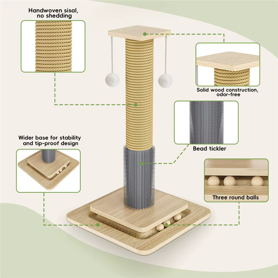 HGTUGO Katzenspielzeug aus Massivholz mit interaktiven Hängebällen und Sisal-Kratzboard in Braun und Beige - Bild 5