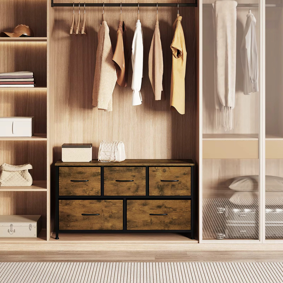 WOLTU TV-Schrank Sideboard in Braun im Industrial-Design mit 5 Schubladen aus Holz und Stoff für Wohnzimmer, Schlafzimmer oder Flur - Bild 4