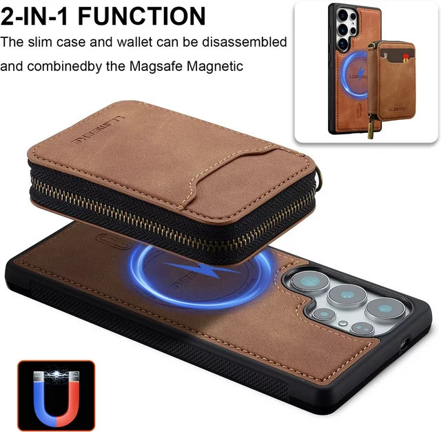 szHAIyu MagSafe Magnetische Handyhülle mit Brieftasche für Samsung Galaxy S25 S24 S23 S22 Ultra Plus FE A15 A16 A17 A35 A36 A55 A56 in Braun - Bild 1