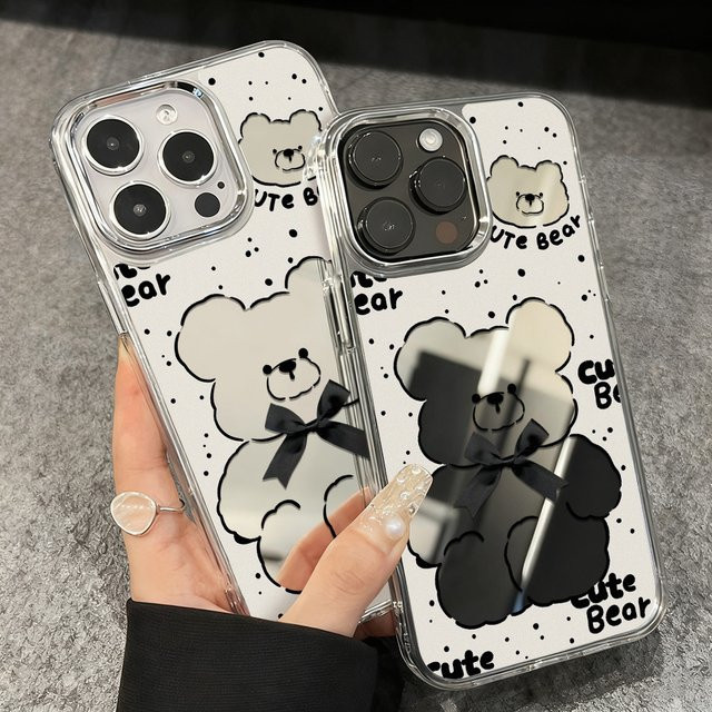 Luxus Make-up Spiegel Handyhülle mit Bären-Design für iPhone 16 Pro Max, 17 Pro Max und 15 Pro Max, transparent - Bild 1