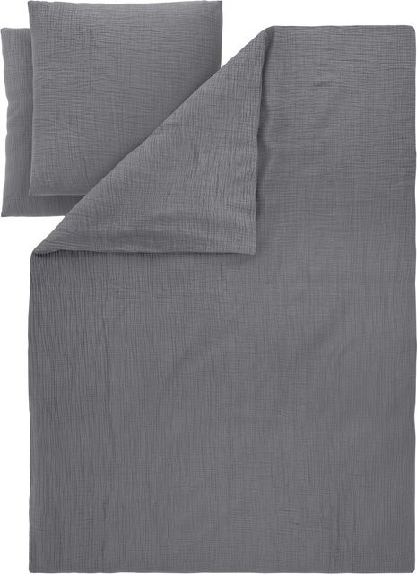 LIVARNO Musselin-Bettwäsche aus Baumwolle in Grau, Set bestehend aus Bettbezug und Kissenbezug, B/H: 200 x 220 cm, Kissenbezug: 80 x 80 cm - Bild 1