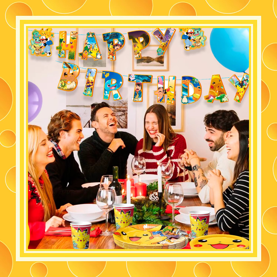 Potdemiel 114-teiliges Pokemon Partygeschirr-Set mit Tischdecke, Banner, Tellern, Servietten und Bechern in Gelb und Multicolour für deine Pikachu Geburtstagsparty - Bild 2